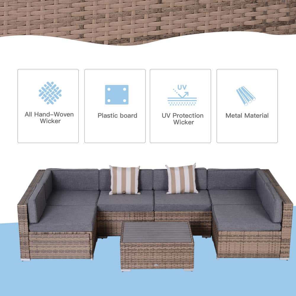 Gray 7-Piece Wicker Patio Sectional Sofa Set with Cushions