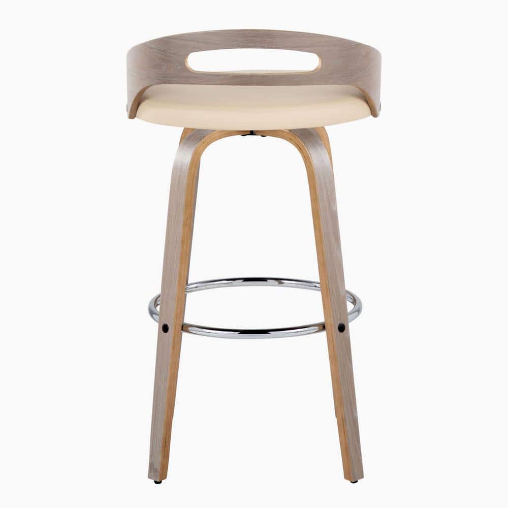 Beige Swivel Upholstered Bar Stool with Wood and Metal Frame
