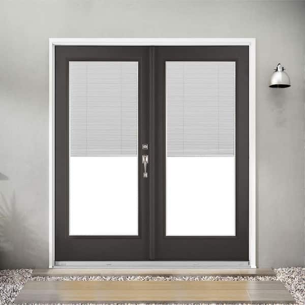 72 in. x 80 in. Black Left-Hand Inswing Fiberglass Full Lite Blinds Glass Hinged French Patio Door