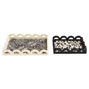 Leopard & Zebra 16.5 in. W x 2.25 in. H x 11.5 in. D Scalloped Rectangle Black, Off-White MDF Serving Trays (Set of 2)