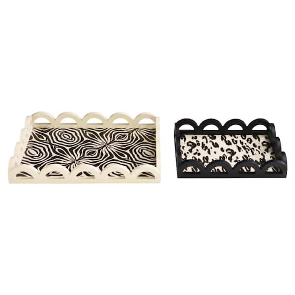 Leopard & Zebra 16.5 in. W x 2.25 in. H x 11.5 in. D Scalloped Rectangle Black, Off-White MDF Serving Trays (Set of 2)