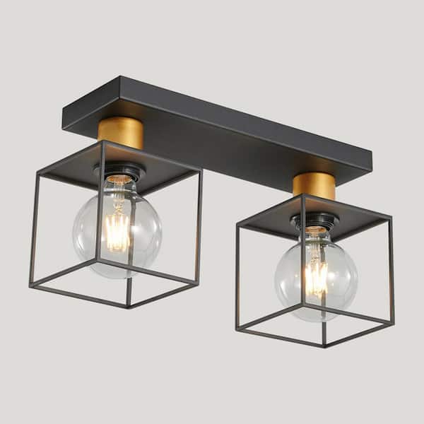 Staykiwi 13.8 in. 2-Light Industrial Black Gold Semi-Flush Mount With Clear Glass Shade and No Bulbs Included
