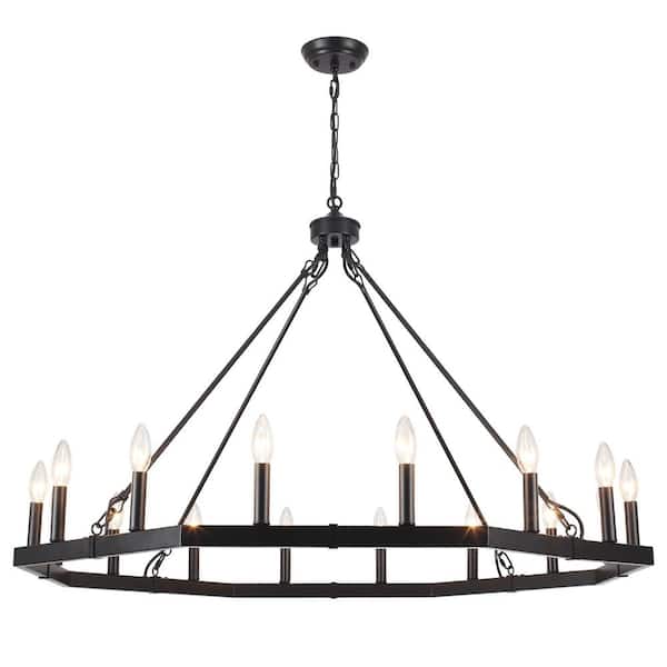 ADSENSTY 16-Light Black Farmhouse Polygon Wagon Wheel Chandelier