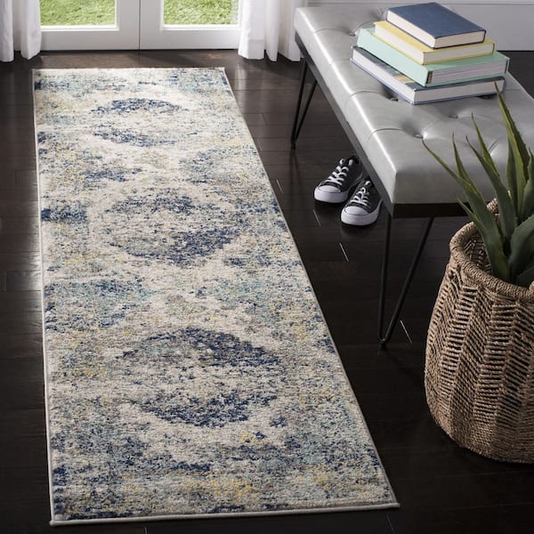 Madison Light Grey/Blue 2 ft. x 8 ft. Border Floral Geometric Medallion Runner Rug
