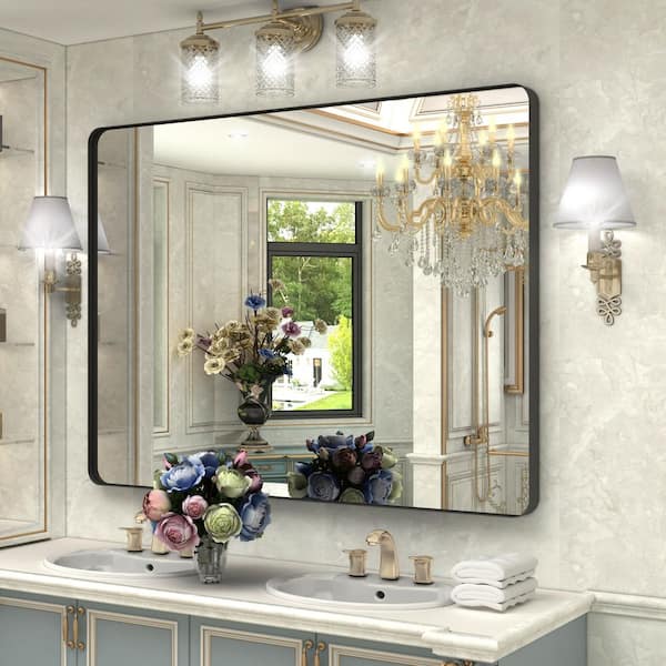 48 in. W x 36 in. H Premium Aluminum Framed Rectangular Bathroom Vanity Wall Mirror in Matte Black