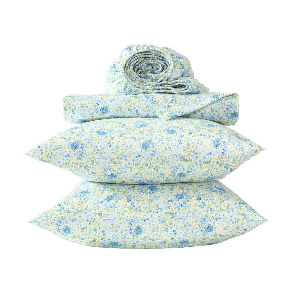 Laura Ashley Rowena 4-Piece Blue/Yellow Cotton Sateen Queen Sheet