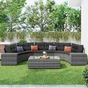 8-Piece Gray PE Rattan Wicker Outdoor Sectional Set, Half-Moon Sofa with Dark Gray Cushion and Rectangular Coffee Table