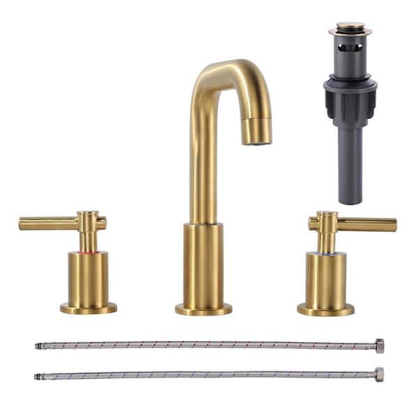 AVITAS Brushed Gold 8 in. Widespread Double Handle High-Arc Bathroom Faucet with Pop-up Drain Kit