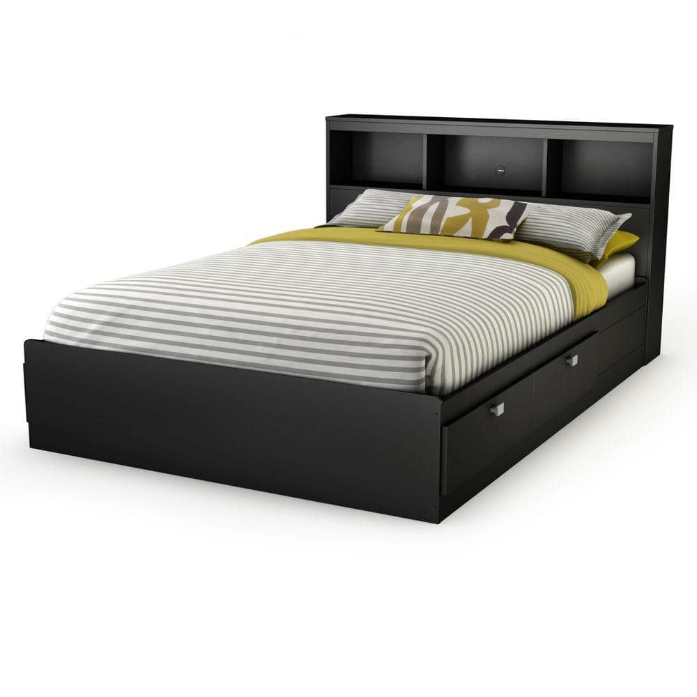 Full Black Wood Bookcase Headboard with Storage