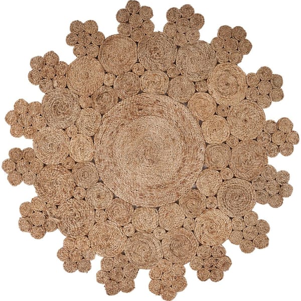 Snowflake Beige 4 ft. x 4 ft. Concentric Boutique Floral Round Organic Jute Area Rug