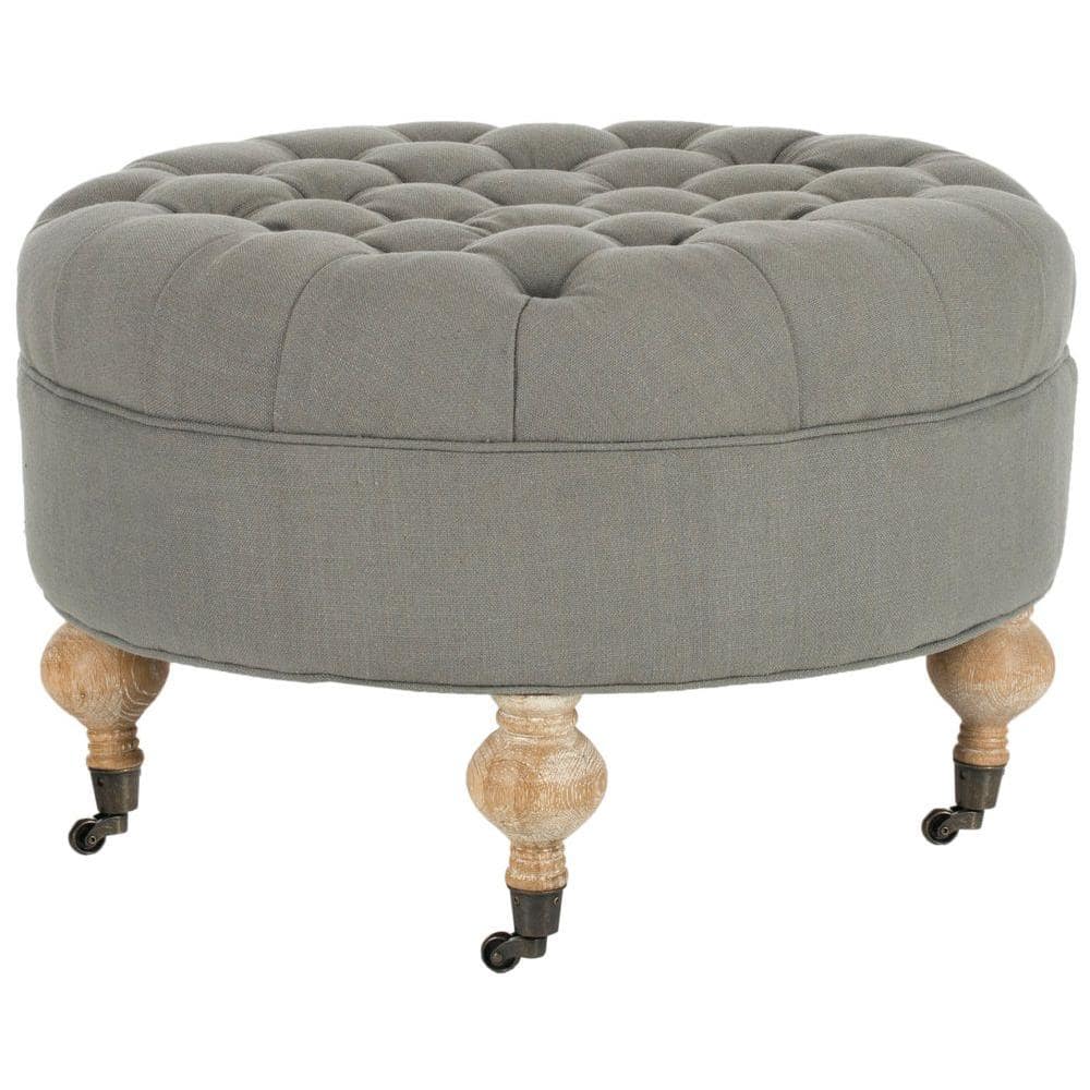 Clara Transitional Granite Grey Tufted Round Ottoman