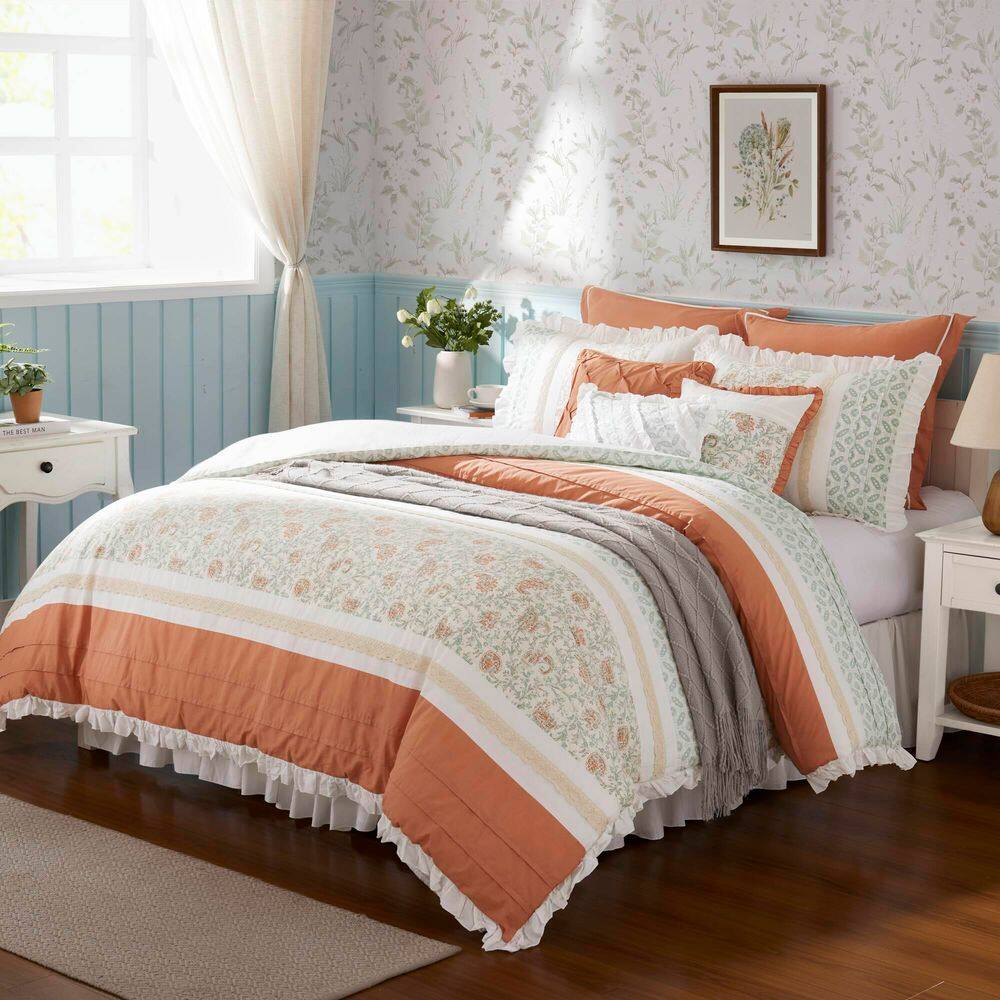 Coral and White Cotton Queen Comforter Set with Floral Print