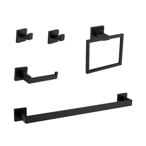 Adrinfly 5-Piece Bathroom Hardware Set with Towel Bar, Ring, Hook, Holder and Paper Rack for Home Decor in Matte Black