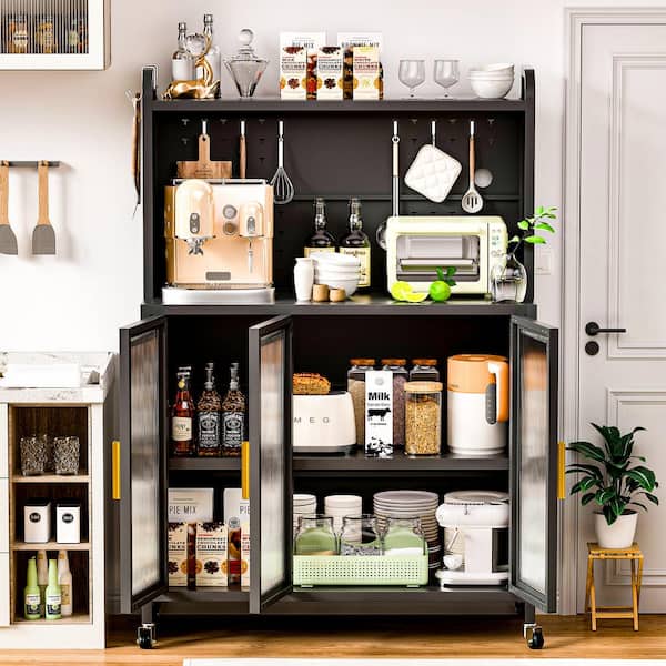 Dark Gray 56 in. H Metal Pantry Organizer with Doors and Swivel Wheels