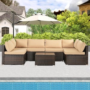 Brown 7-Piece Wicker Patio Conversation Set with Brown Cushions