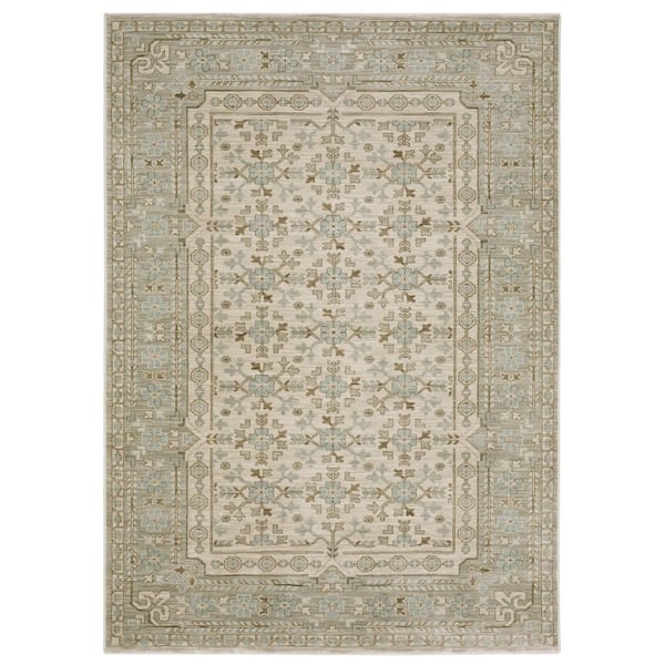 Maco Beige/Blue 8 ft. x 11 ft. Floral Border Distressed Polypropylene Fringe-Edge Indoor Area Rug