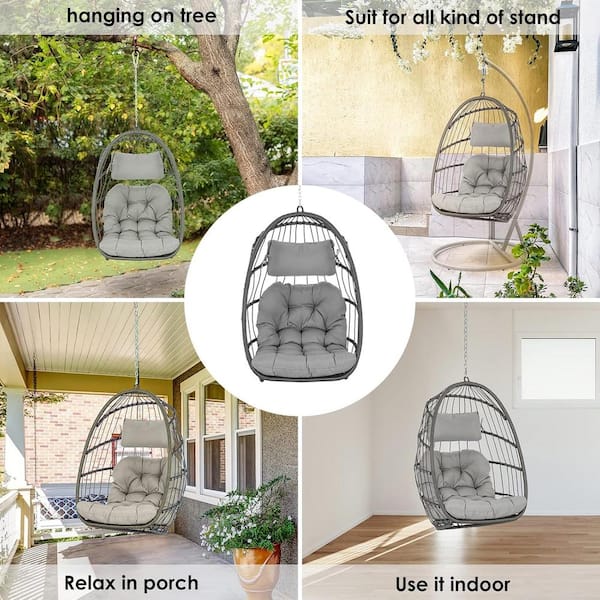 Outdoor Garden Rattan Egg Swing Chair Hanging Chair with Light Gray Cushions No Stand