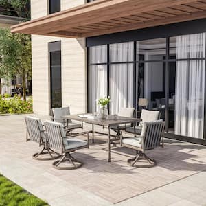 SleekLine 7-Piece Aluminum Rectangular Outdoor Dining Set with Swivel Chairs and Light Gray Cushions