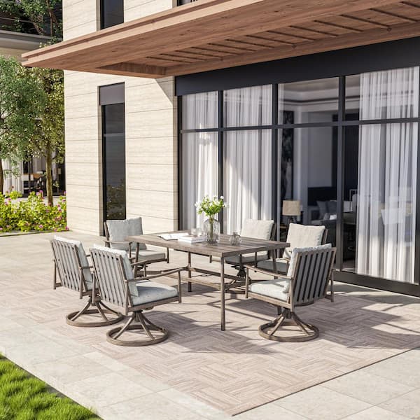 SleekLine 7-Piece Aluminum Rectangular Outdoor Dining Set with Swivel Chairs and Light Gray Cushions