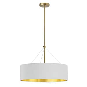 Pallavi 4-Light Aged Brass Shaded Pendant Light with White/Gold Fabric Shade