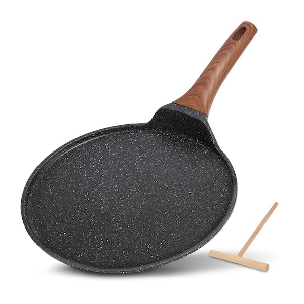 Black Nonstick Granite Coating Cast Aluminum PTFE PFOA Free Induction Compatible Crepe Pan with Spreader