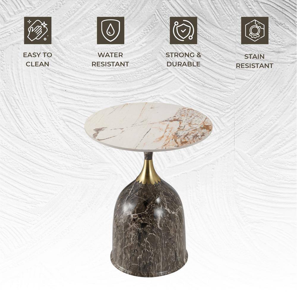 Marbled Brown Round Sintered Stone Side Table with Gold Neck