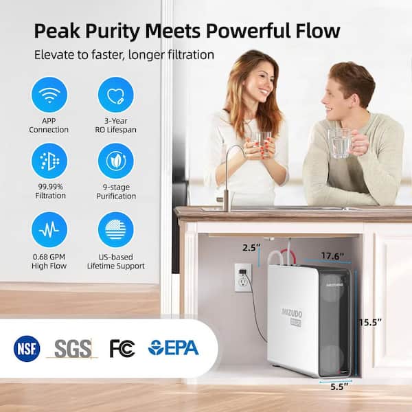 Megaflo WiFi 9-Stage Tankless Reverse Osmosis System, 1000 GPD Under Sink RO Water Filter with Faucet, NSF Certified