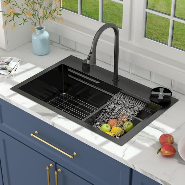 31 in. Gunmetal Black Drop-In Single Bowl 16 Gauge Stainless Steel Workstation Kitchen Sink with Faucet Combo