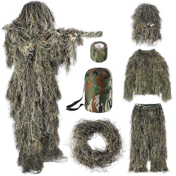 6 in 1 Adults Woodland Ghillie Suit, 3D Camouflage Hunting Apparel Including Jacket, Pants, Hood, Carry Bag