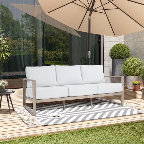 PEAK HOME FURNISHINGS Hamarto Aluminum Patio Conversation Outdoor Sofa Couch with Warm White Cushions