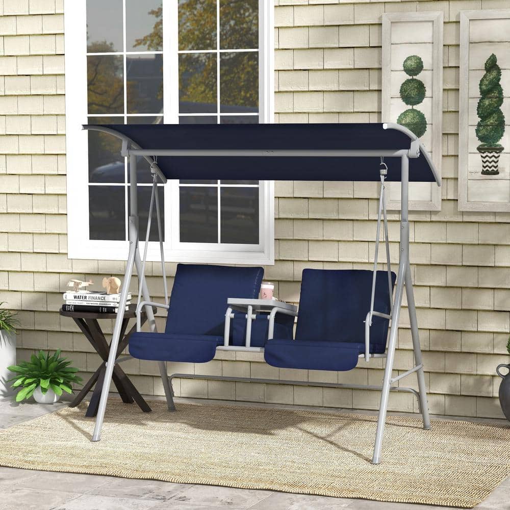 Dark Blue Metal 2-Person Porch Swing with Canopy and Cushions