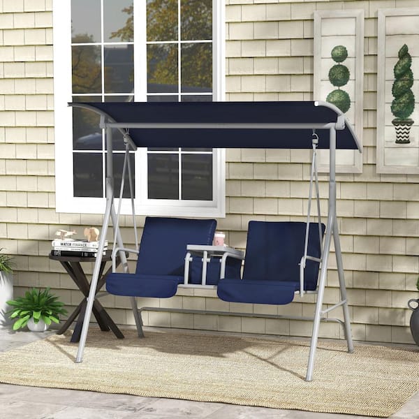 Outsunny 2-Person Metal Patio Swing with Canopy, Table, Cup