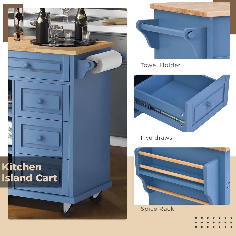 Blue Wood 53" Rolling Kitchen Cart with Spice Rack and Storage
