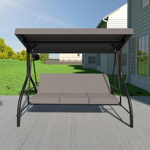 3-Seat Converting Canopy Patio Swing Steel Lounge Chair with Cushions in Dark Grey