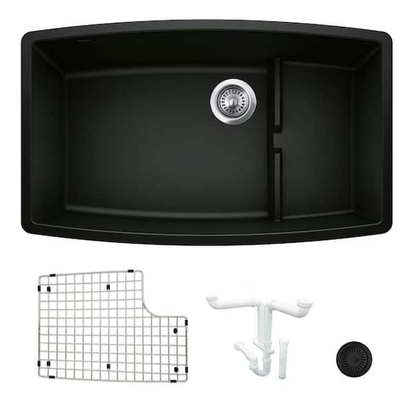 Performa 32 in. Undermount Single Bowl Coal Black Granite Composite Kitchen Sink Kit with Accessories