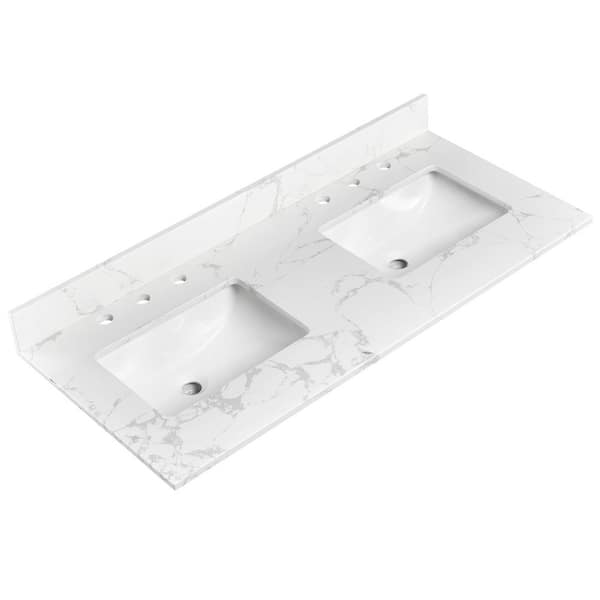 YASINU 48 in. W x 22 in. D Engineered Stone Composite White Rectangular Double Sink Bath Vanity Top in Belly White