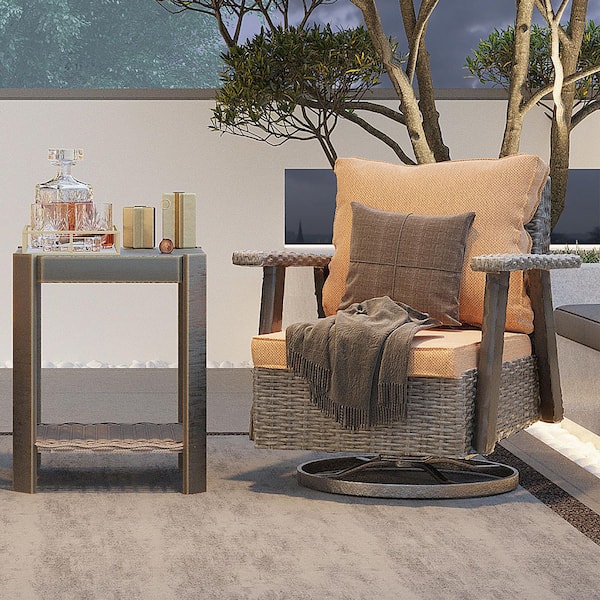 Patio Rattan Wicker Swivel Outdoor Rocking Chair with Brown Cushions and Side Table