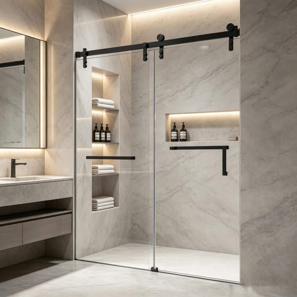 "60"" × 76"" Frameles Single Sliding Shower Door w/ 5/16 inches Thick Tempered Glass Door in Matte Black" price history on PriceWatchPro