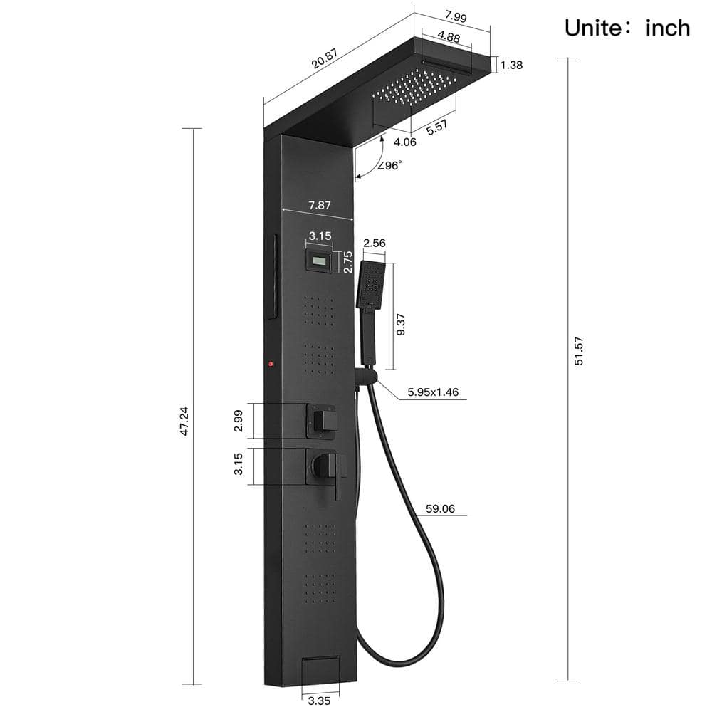 Matte Black 4-Jet Rainfall Shower Panel System with LED Light