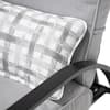 Close-up of the plaid lumbar pillow and gray cushion.