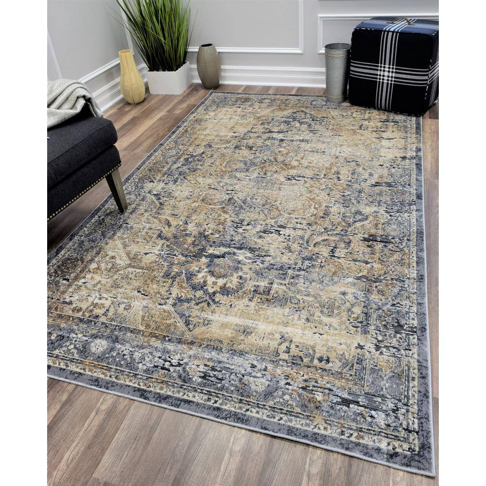 Blue and Beige Abstract Synthetic Runner Rug, 2'3" x 8'
