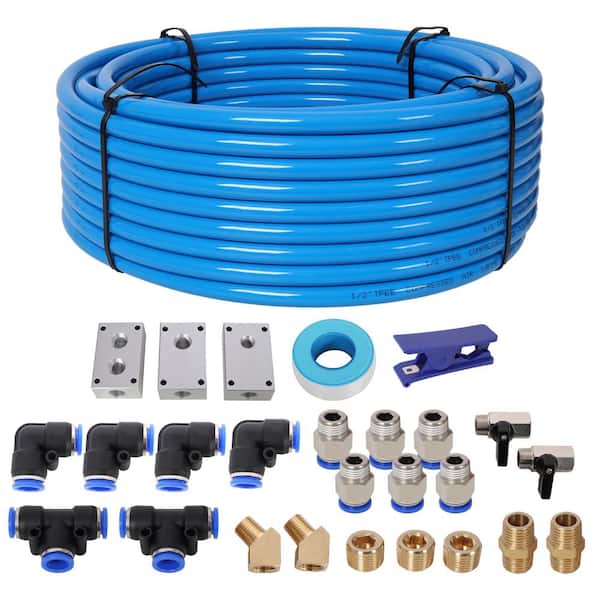 Blue Tubing Complete 1/2" (OD) / 3/8" (ID) x 100-Feet TPEE Tubing Air Piping System, Air Push to Connect Kit