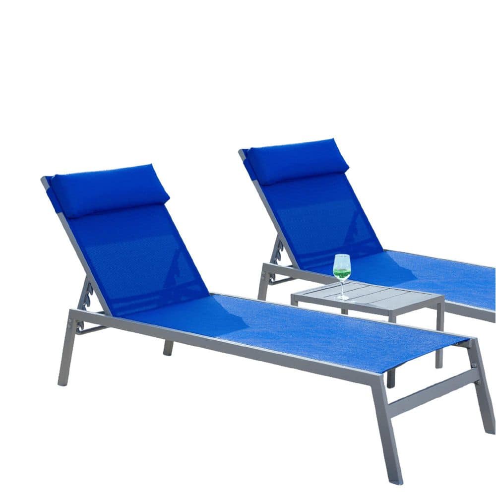 3-Piece Patio Steel Chaise Lounge Set, Blue Reclining Chairs with Adjustabl