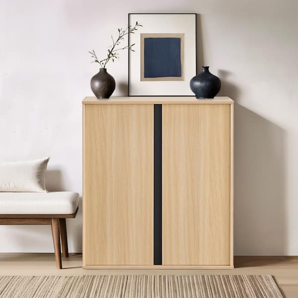 Nathan Oak Industrial Style Wood Sideboard Buffet with Angular Design, Beveled Edges, Metal Accents, Soft-Close Hinges