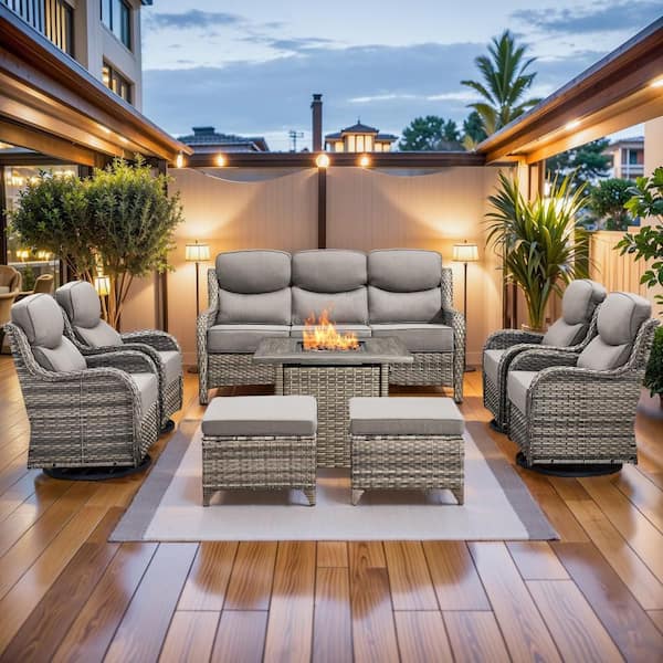 NovaSwivel 8-Piece Gray Wicker Patio Conversation Set Outdoor Fire Pit Set. Swivel Rocking Chairs with Gray Cushions