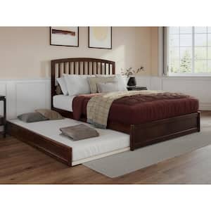 Lucia Walnut Brown Solid Wood Frame Queen Platform Bed with Panel Footboard and Twin XL Trundle