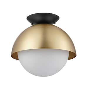 Oswald 10 in. 1-Light Matte Brass Flush Mount with Matte Black Accent Canopy and Frosted Glass Shade