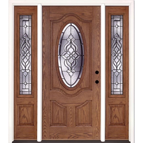 Feather River Doors 67.5 in.x81.625 in. Lakewood Patina 3/4 Oval Lt Stained Medium Oak Left-Hand Fiberglass Prehung Front Door w/Sidelites