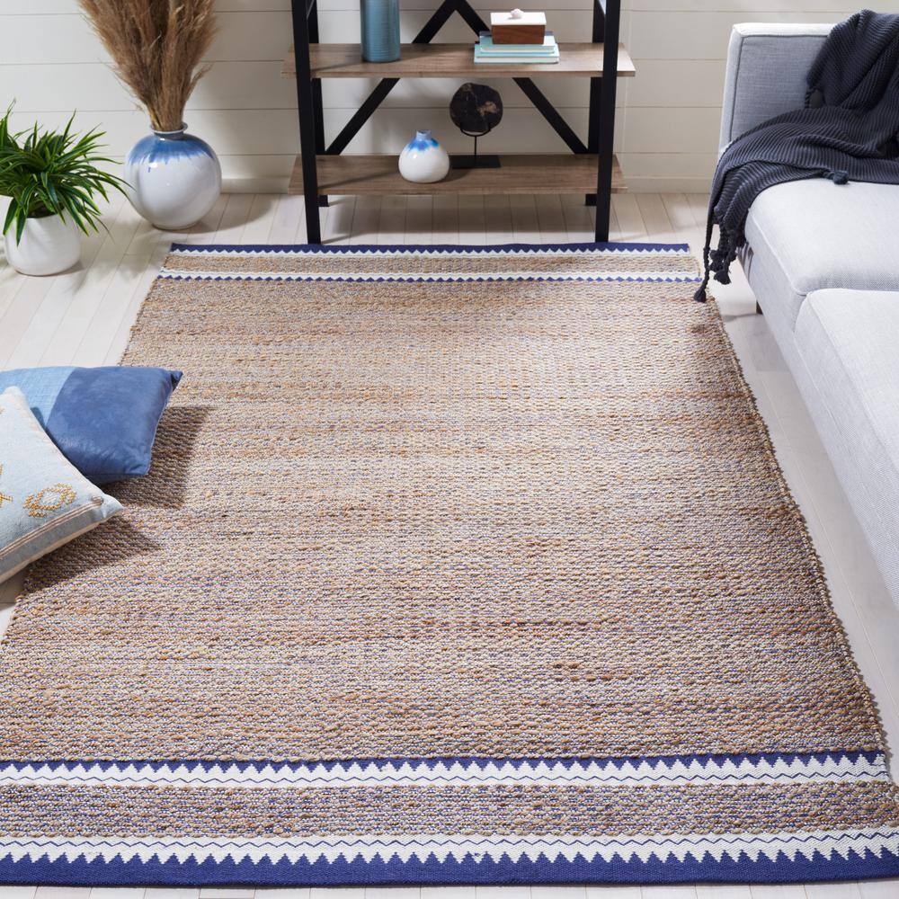 Handmade Blue and Natural Geometric Wool Area Rug 6' x 9'