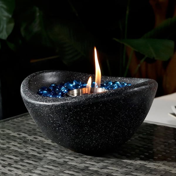 11 in. Black Outdoor Concrete Gel or Liquid Fire Pit Mixed Color Tabletop Mini Smokeless Fire Bowl with Blue Glass Beads